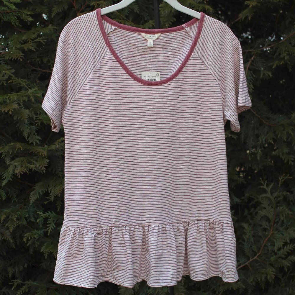 Lucky Brand Dusty Mauve Striped Scoopneck Peplum Tee NWT